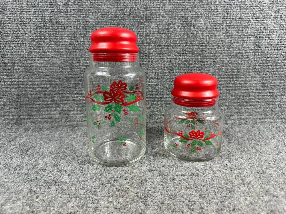 Corning Christmas Glass Jars Set of 2 Red Lids Holiday Storage Canisters